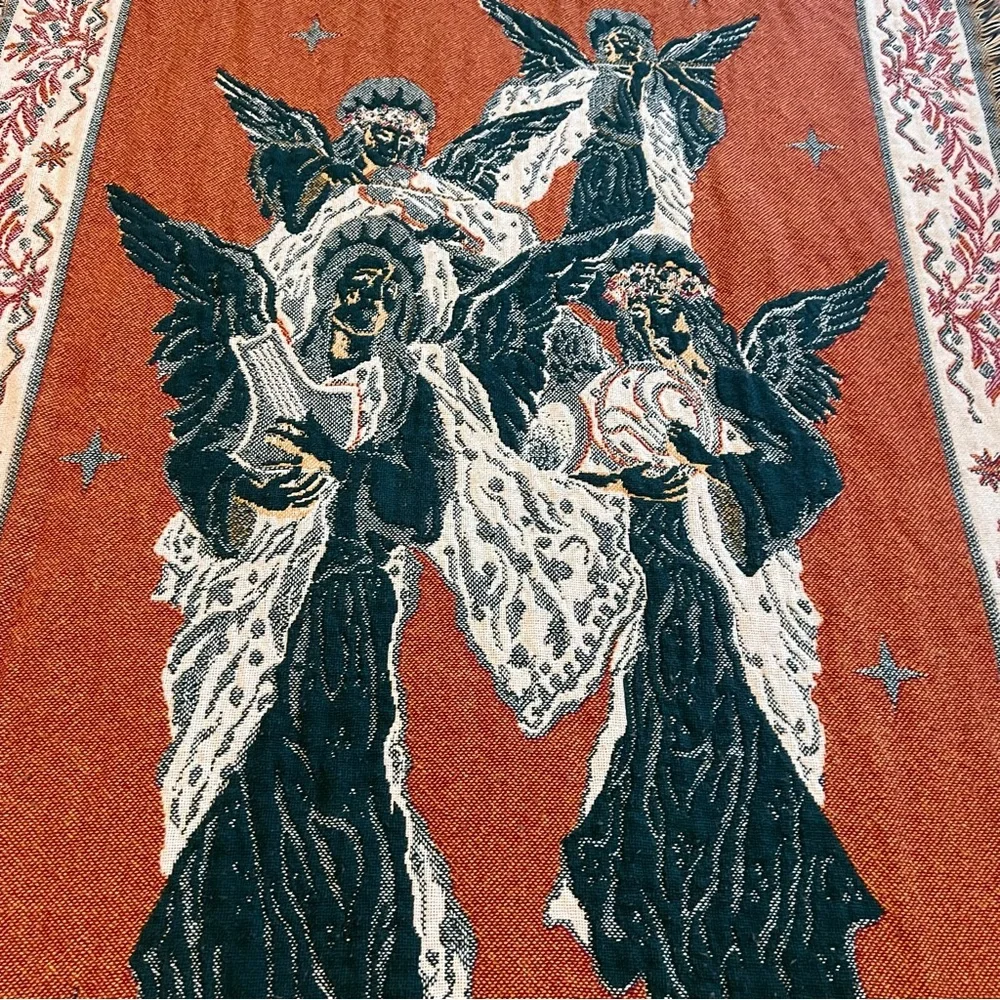Festive Holiday Tapestry Throw blanket cover with Angels 46” x 66”
